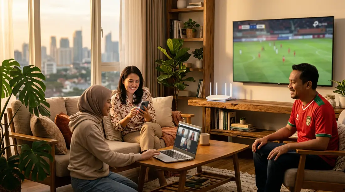Keluarga di Jakarta menikmati WiFi cepat Internet Bang Beni untuk streaming, video call, dan browsing